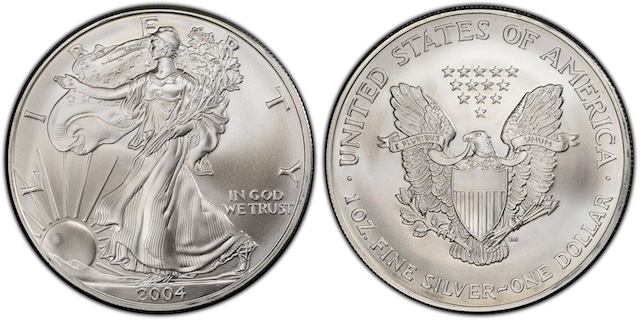 Side-by-side comparison of 2004 American Silver Eagle: MS69 with minor flaw vs MS70 perfect grade