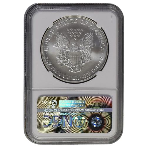 2004 American Silver Eagle struck-through error close-up showing foreign object impression in mirror field