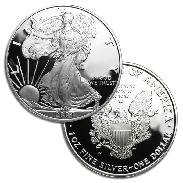 Grading strip showing 2004 American Silver Eagle at four Mint State condition tiers: MS63, MS65, MS69, and MS70